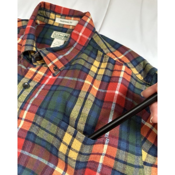 LL Bean Flannel Shirt Mens 228061, Red Blue Yellow Button Down LARGE - Picture 5 of 10